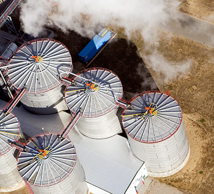 sky view of grain elevators